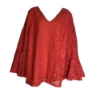 Roamans Floral Lace Women's Orange Top Blouse18W Bell Sleeve Fairy Career Dressy
